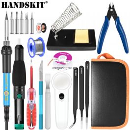 Kit pentru lipit 22 de piese Letcon 60W cu temperatura reglabila, Suport pentru Letcon, Tub cu fludor, Pompa de dezlipit,Set de varfuri pentru Letcon