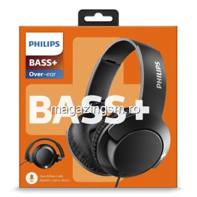 Casti audio Philips Bass+ SHL3175BK/00, microfon incorporat, pliere compacta, izolare fonica, lungime cablu 1,2m, Negru