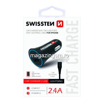 Incarcator Auto Dual USB 2,4A Cu Cablu Lightning iPhone Samsung Huawei LG Asus Negru