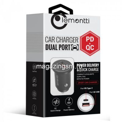 Lemontti Incarcator Auto PD Type C + USB Quick Charge 30W Negru (output USB + Type-C 5A max, QC3.0)