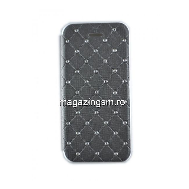 Husa iPhone 5 5s Flip Design Diamante Stand Cu Suport Card Gri