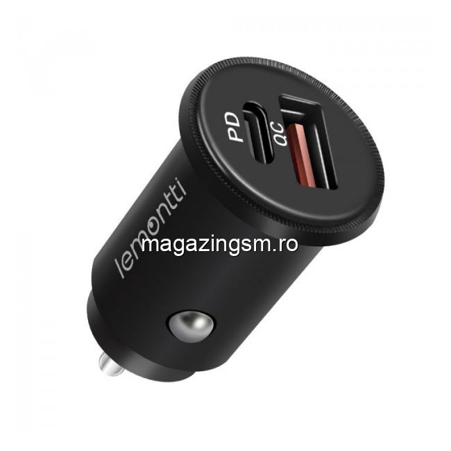 Lemontti Incarcator Auto PD Type C + USB Quick Charge 30W Negru (output USB + Type-C 5A max, QC3.0)